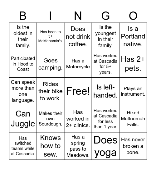 Small Talk Bingo Card