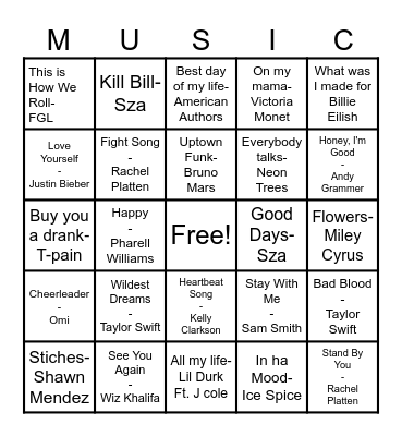 Pop Music Bingo Card
