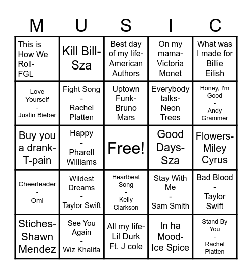 Pop Music Bingo Card