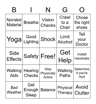 Fall Prevention Bingo Card