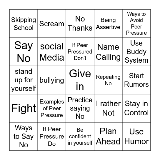 Peer Pressure BINGO Card