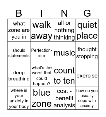 Coping Skills Bingo Card