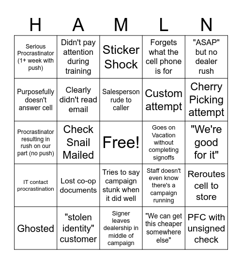 Hamlin account manager bingo card