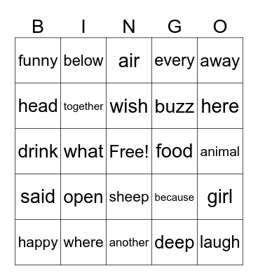 Heart Word Bingo Card