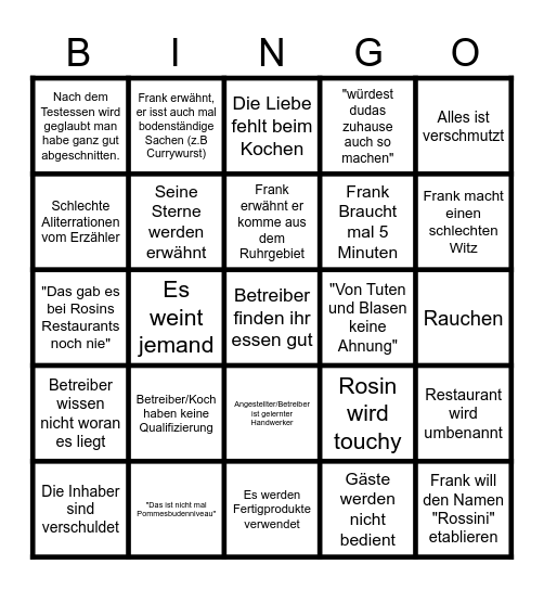 Rosins Restaurant Bingo Card