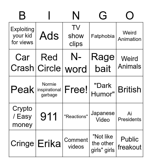 Instagram Trash Bingo Card