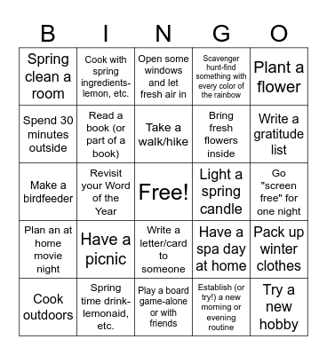 Spring Self Care Bingo Card