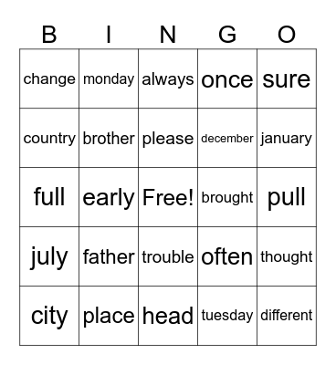 Trick Words Bingo Card