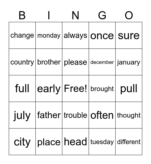 Trick Words Bingo Card