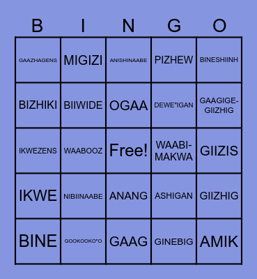 Animate Nouns Bingo Card