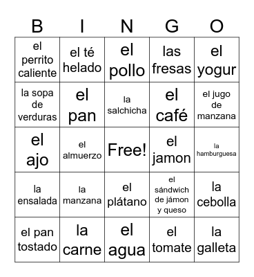 Comida Bingo Card