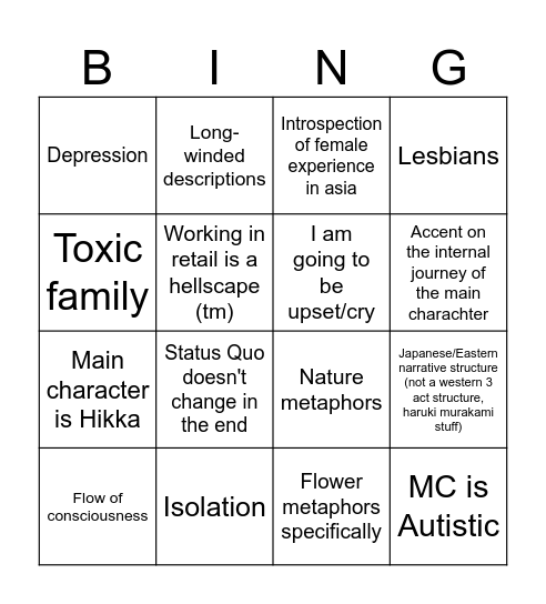 Convenience Store Woman Bingo Card