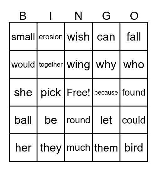 Sight Word Bingo Card