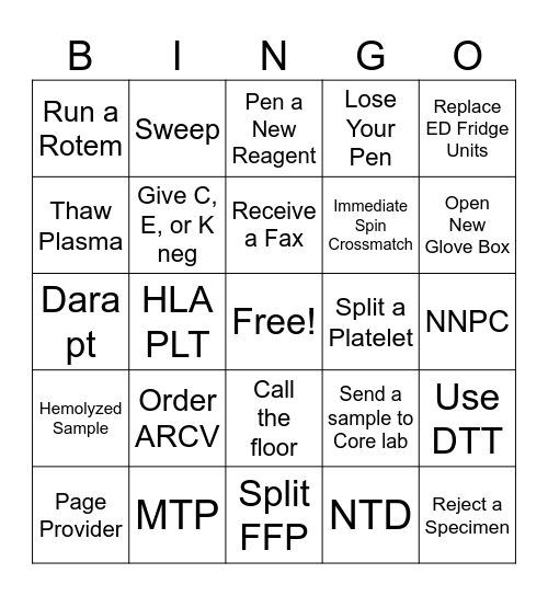 Blood Bank Bingo Card