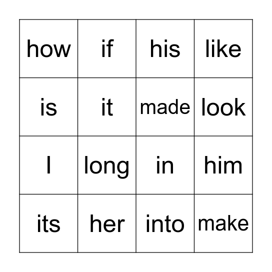 Sight Words Bingo Card