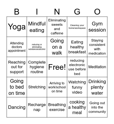 Physical Wellness Bingo Card