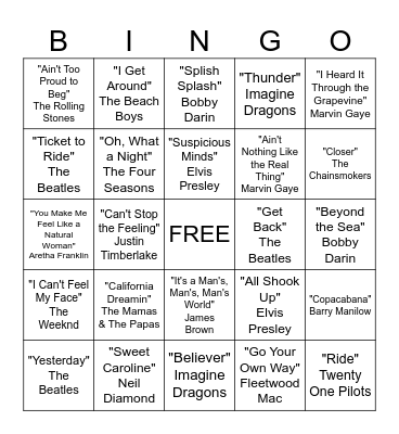 Musical Bingo Card