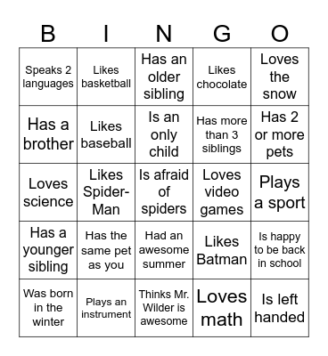 Find someone in class who... Bingo Card