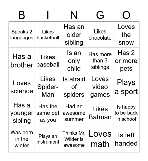 Find someone in class who... Bingo Card