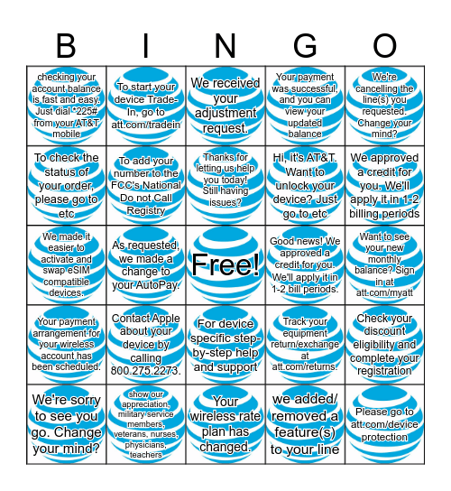 Post Call Notification Bingo Card