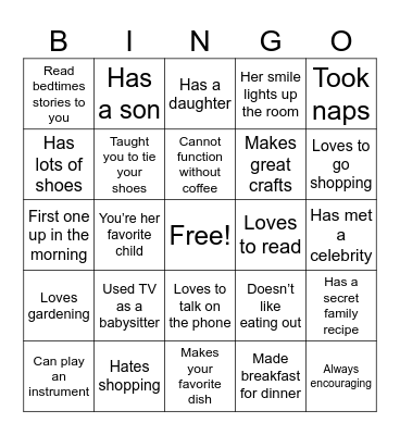 Mother's Day Bingo Card