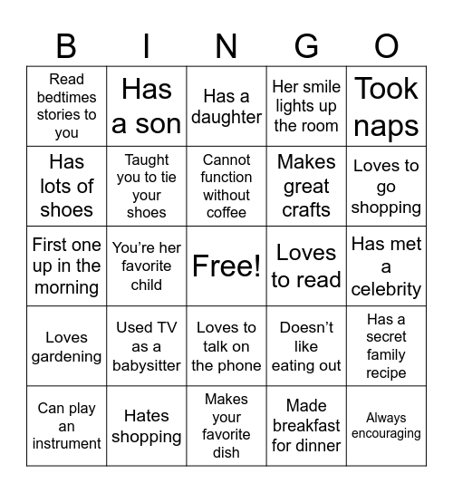 Mother's Day Bingo Card