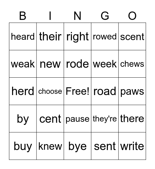 Homophone Bingo Card