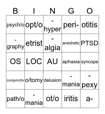 Medical Terminology Bingo Card