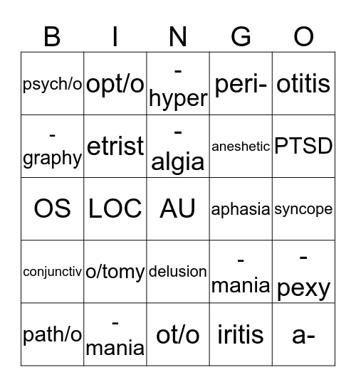 Medical Terminology Bingo Card