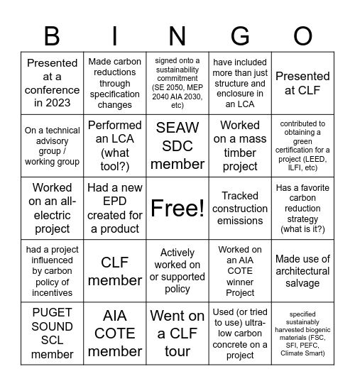 CLF Seattle Cross Org Social Bingo Card