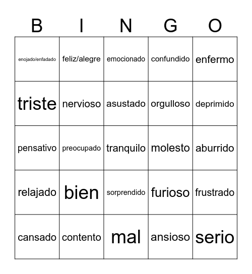 Emociones Bingo Card