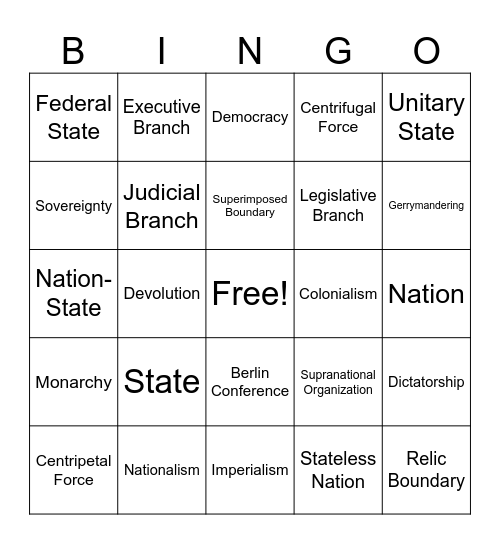 Political Geography Bingo Card