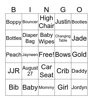 Jayneen's Baby Shower Bingo Card