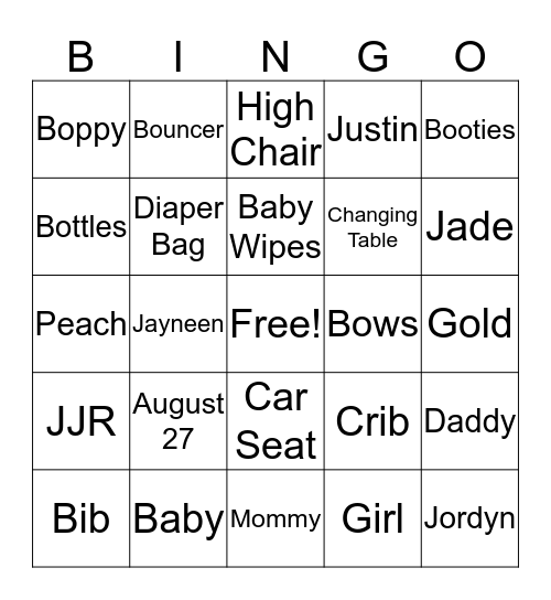 Jayneen's Baby Shower Bingo Card