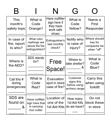 Safety Bingo Card