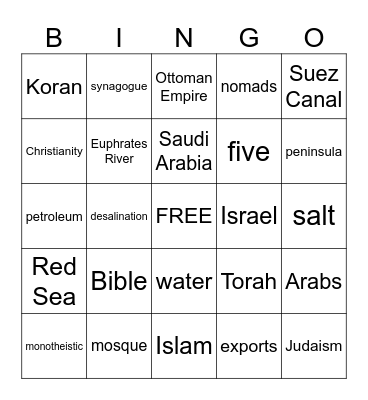 Middle East Bingo Card