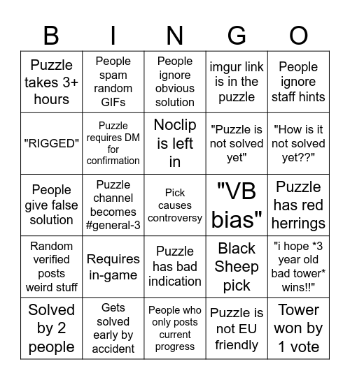 JToH Puzzles Bingo Card