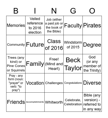 Commencement Bingo 2016 Bingo Card