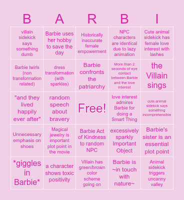 Barbie Movie Bingo Card