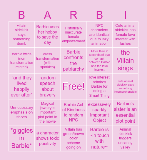 Barbie Movie Bingo Card