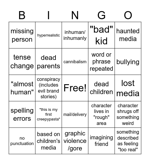 creepypasta bingo Card