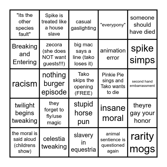 Fuckass MLP Bingo Card