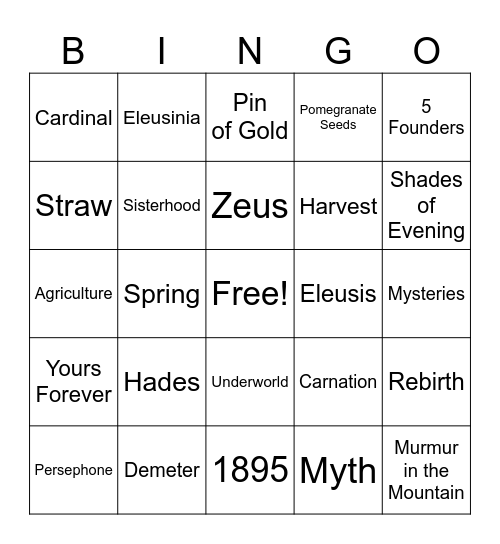 Eleusinian Bingo Card