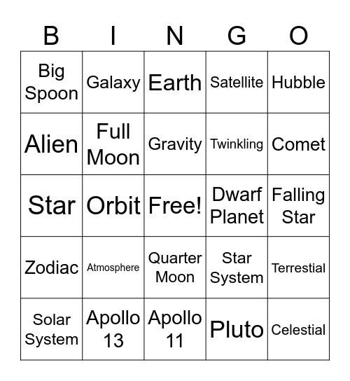 Galactic Bingo Blast Bingo Card