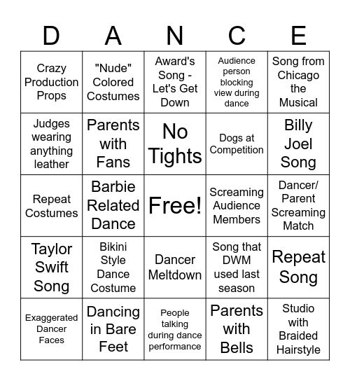 Dance Competition Bingo Card