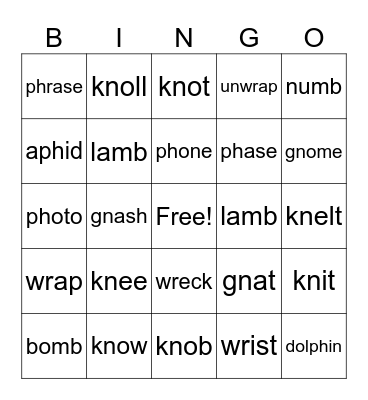 Silent Sounds Review Bingo Card