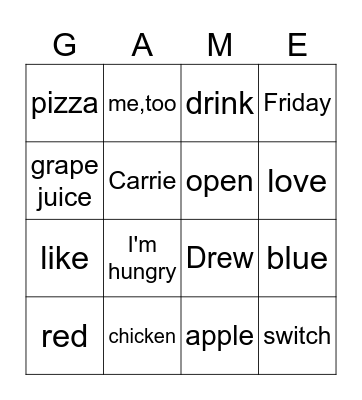 Lunch Time Bingo Card