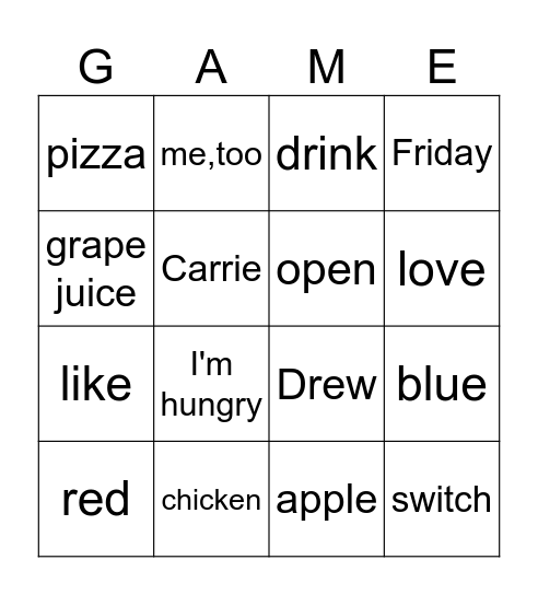 Lunch Time Bingo Card