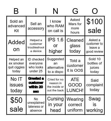 VAPO SALES BINGO Card