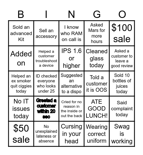 VAPO SALES BINGO Card